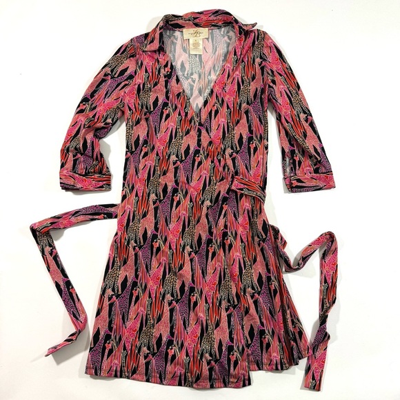 Julie Brown Wrap Dress Size Small Giraffe Print Black Pink - Picture 1 of 7